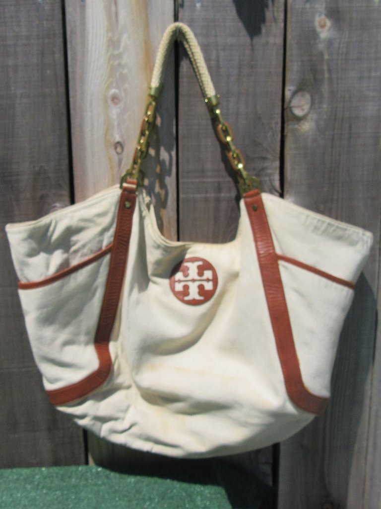 Tory Burch Beige Canvas Leather Large Tote Beach Bag